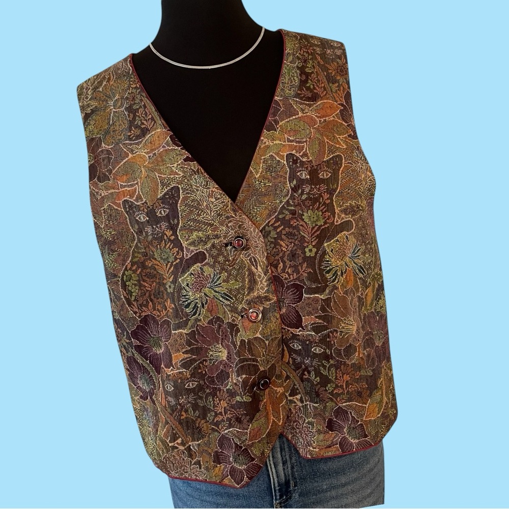 Handmade vintage tapestry vest floral cat jewel toned large